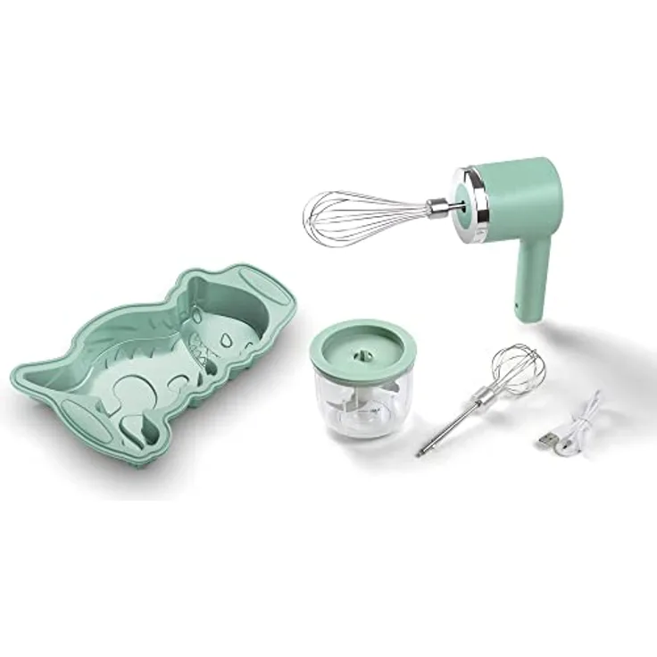 Jata HSET1234 Mixer für Kinder, kabellos, wiederaufladbar, 5 Geschwindigkeiten, mit Zerkleinererer, 300 ml, inklusive Antihaft-Silikonform, Dinosaurier-Form