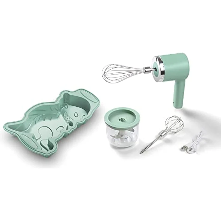 Jata HSET1234 Mixer für Kinder, kabellos, wiederaufladbar, 5 Geschwindigkeiten, mit Zerkleinererer, 300 ml, inklusive Antihaft-Silikonform, Dinosaurier-Form – Bild 1