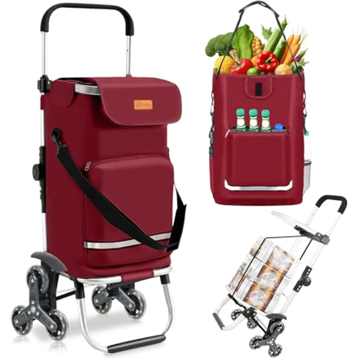 Sekey Klappbarer Einkaufstrolley 3-in-1 mit Kühlfach, 42 l, roter Treppensteiger Trolley inkl. Spanngurt und Einkaufschip – Bild 1