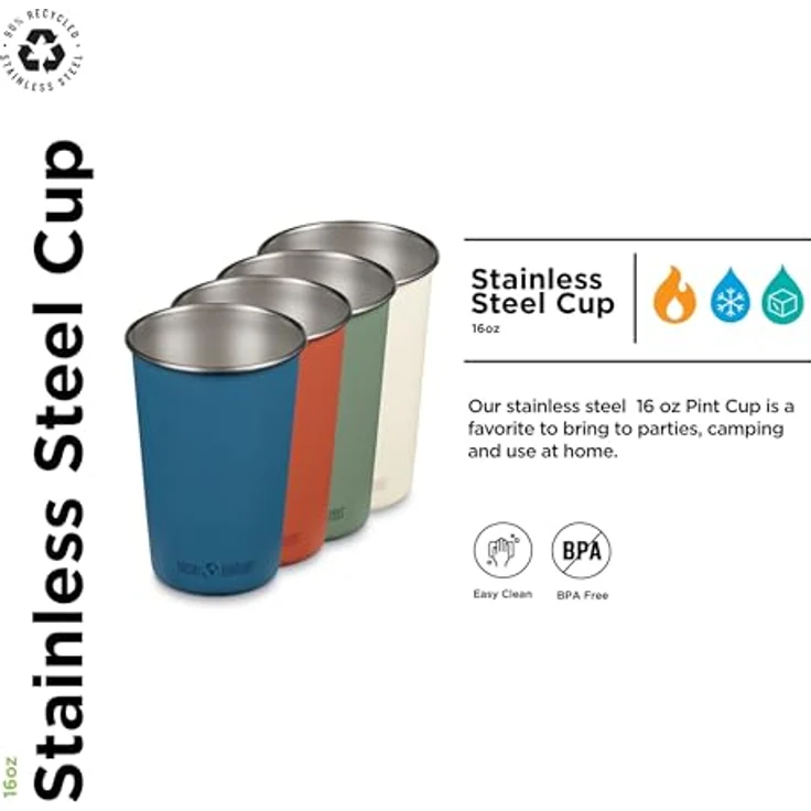 Klean Kanteen 4er Set Pint Cup aus Edelstahl, Einwandig, in verschiedenen Farben, 473ml, Partake – Bild 2