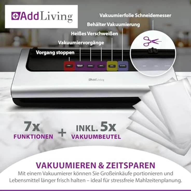 AddLiving Vakuumierer für Lebensmittel, Wet & Dry Funktion, inkl. 5 Vakuumbeutel (20 x 30 cm), mit Soft-Funktion & Schlauchanschluss, Folienschweißgerät – Bild 4