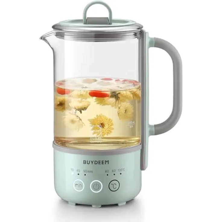 Buydeem K314 Teapot Multi Function Beverage Maker, Wasserkocher in Cozy Greenish, 0,6 Liter, 300 Watt Leistung aus Edelstahl und PP-Glas