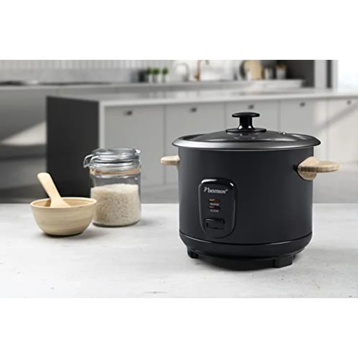 Bestron ARC180BW Reiskocher, 700W, 1,8 Liter, für 8 - 10 Personen, Warmhaltefunktion, inkl. Messbecher, Reiflöffel, mit Bambusgriffen, Kontrollleuchte, Wasserstandsanzeige, antihaftbeschichtet, schwarz-holz – Bild 4