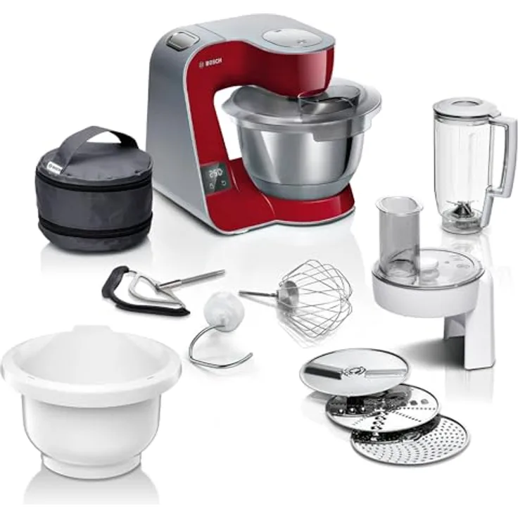 Bosch Küchenmaschine Serie 4 MUM5X734, integrierte Waage, Planetenrührwerk, 1000 W, dunkelrot/silber