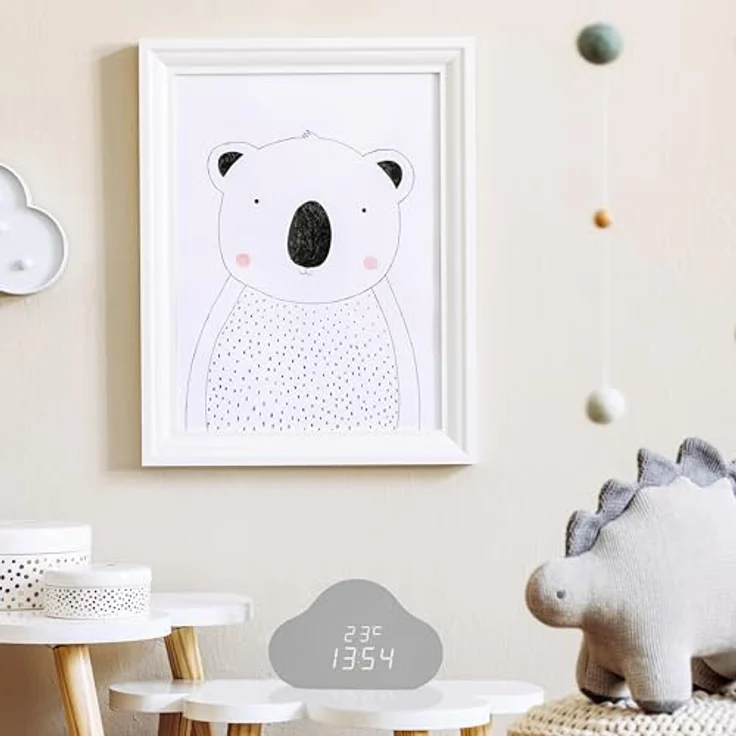 TFA Clocco Cloud, Digitalwecker und Raumthermometer in Wolkenform mit Dimmfunktion und grauer MDF-Oberfläche – Bild 4