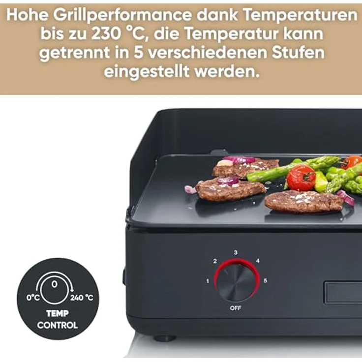 SEVERIN Tischgrill Plancha SUAVE, mit keramikbeschichteten Grillflächen, 5-Stufen-Regelung, bis zu 240°C, 2.200 W, schwarz – Bild 2