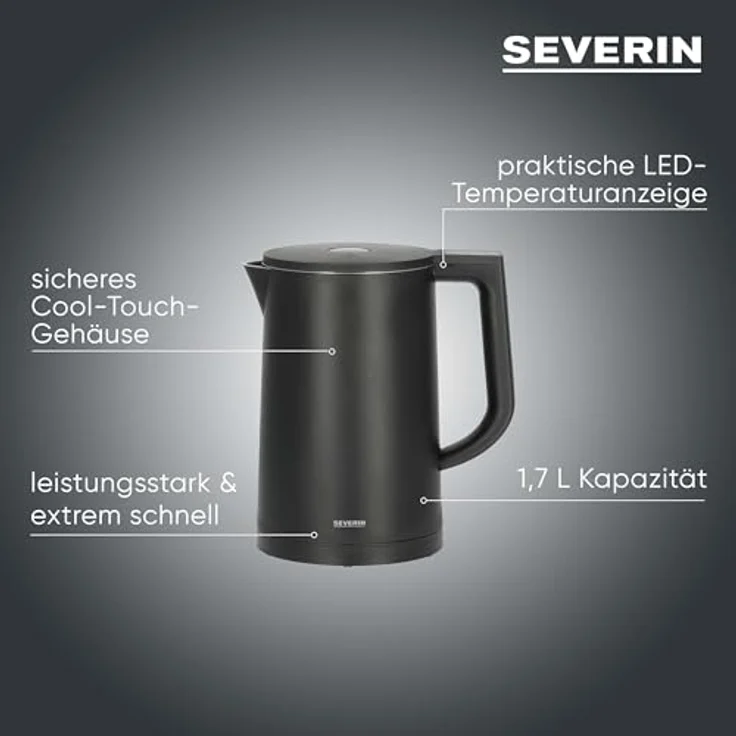 SEVERIN Cool-Touch Wasserkocher WK 3484, doppelwandig mit LED-Temperaturanzeige, Warmhaltefunktion und 1,7 L Kapazität, schwarz, 2.200 W – Bild 2