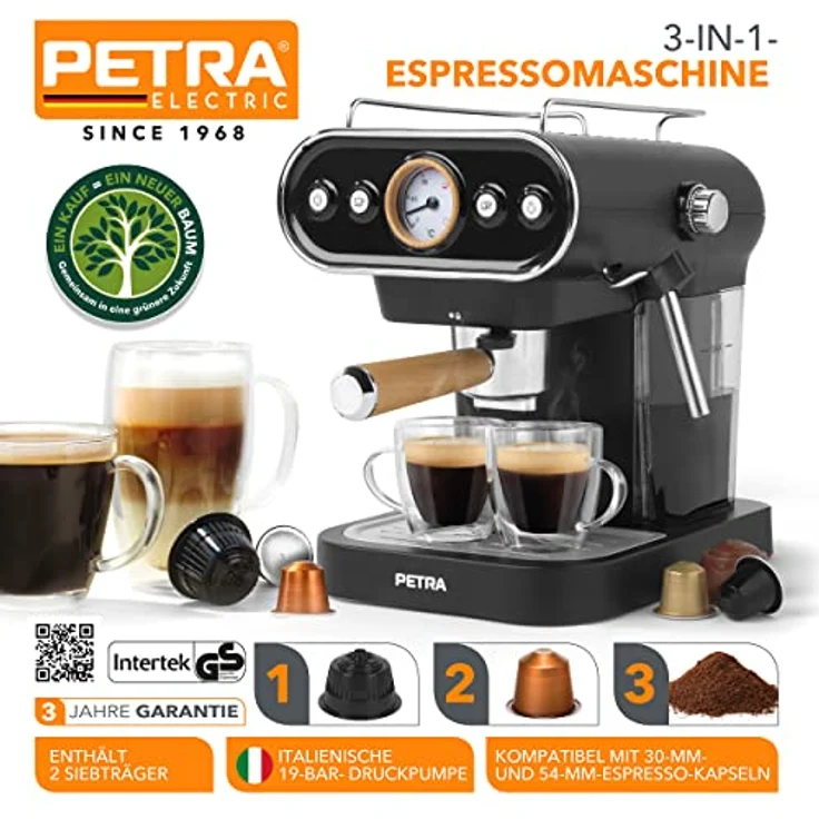 Petra PT5108VDEEU7 3in1 Barista kaffeemaschine, esspressomaschine, 30/54mm Kapseln & gemahlenem Kaffee kompatibel, 1050W Kaffeekapselmaschine, Milchaufschäumer, italienische 19bar Druckpumpe, BPA-Frei – Bild 2
