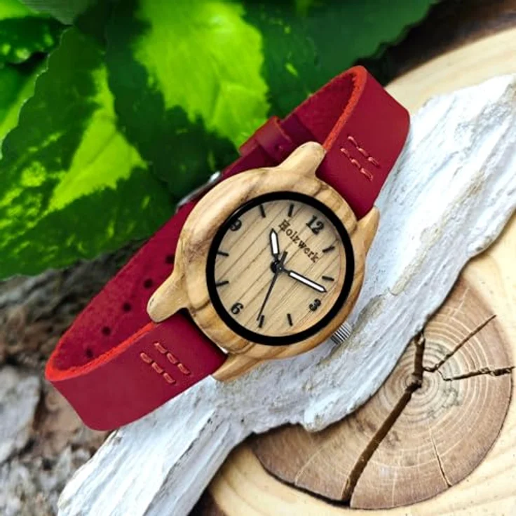 Holzwerk Quarzuhr CLARA RED kleine Damen Holz & Leder Armband Uhr, dunkel rot, beige - Zierliche Armbanduhr mit fluoreszierenden Uhrzeigern und hochwertigem japanischem Quarzwerk – Bild 4