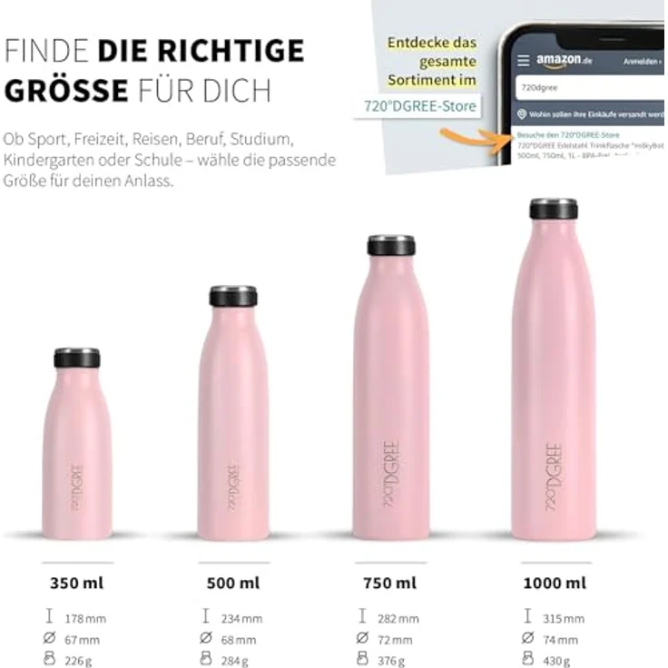 720°DGREE Trinkflasche Doppelwandig Edelstahl 500ml Isolierflasche milkyBottle rosa matt – Bild 3