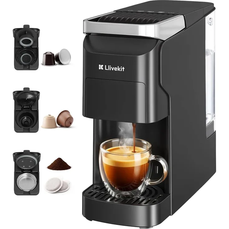 LLIVEKIT 3-in-1 Kaffeemaschine, Automatische Espressomaschine mit Selbstreinigung, 920ml Wassertank, Mattschwarz