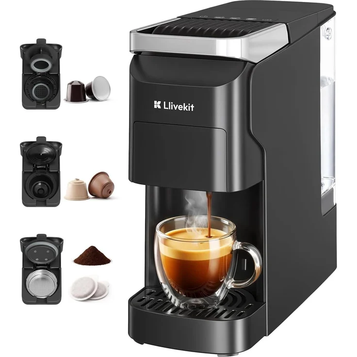LLIVEKIT 3-in-1 Kaffeemaschine, Automatische Espressomaschine mit Selbstreinigung, 920ml Wassertank, Mattschwarz