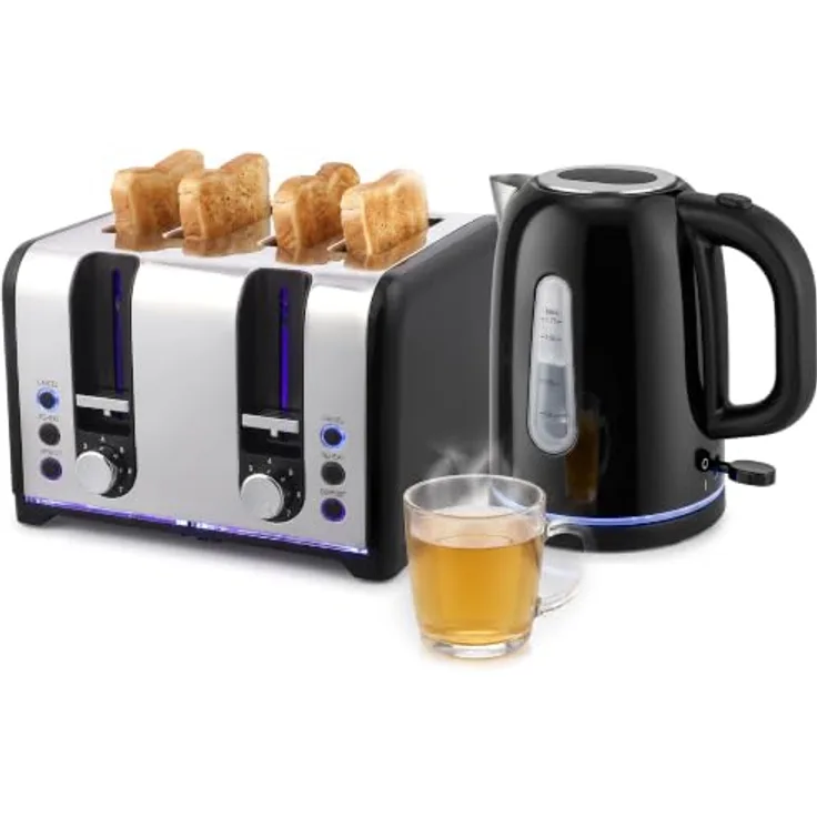 HOMCOM Wasserkocher und Toaster Set, Schnellkoch-Wasserkocher 1,7 l und 4-Scheiben-Toaster, Schwarz