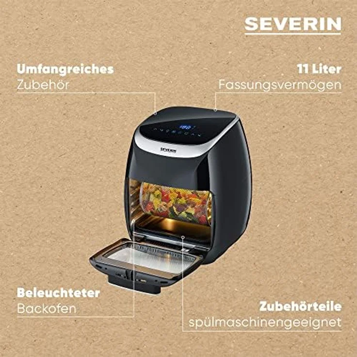 SEVERIN Multi Heißluftfritteuse mit 11 Liter Fassungsvermögen, Heißluft Fryer mit umfangreichem Zubehör, Fritteuse ohne Fett mit 8 Automatikprogrammen, 2000 W, schwarz/silber, FR 2446 – Bild 4