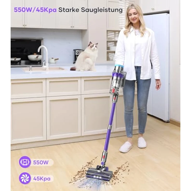 MIBODE 45000Pa Akku Staubsauger, 550W Kabelloser Staubsauger mit Smart Display, Bis zu 60 Minuten Laufzeit, Automatikmodus, Anti-Verhedderung-Bürste - Lila+Grau – Bild 2