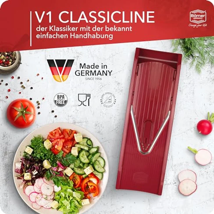 Börner Gemüsehobel V1 ClassicLine Profi Set, Kunststoff, mit 2 Messereinschüben und Dockingstation rot – Bild 5