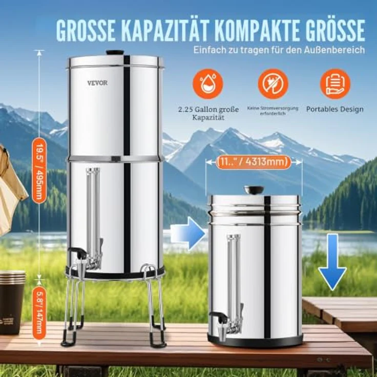 VEVOR Schwerkraft Wasserfiltersystem Edelstahl, 7,8+8,5L Wasserfiltrationssystem mit 2 Keramik-Kohlefiltern, reduziert Blei und bis zu 99 % Chlor – Bild 5