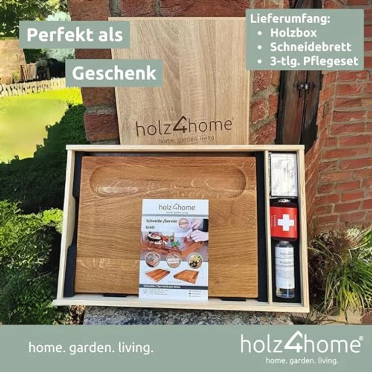 holz4home Schneidebrett Set Alina Aus massiver Eiche in Geschenkbox mit Pflegeutensilien | Handgearbeitet, Schnittfest und Antibakteriell | Echtholz | Massivholz Zum Zubereiten Und Servieren – Bild 2