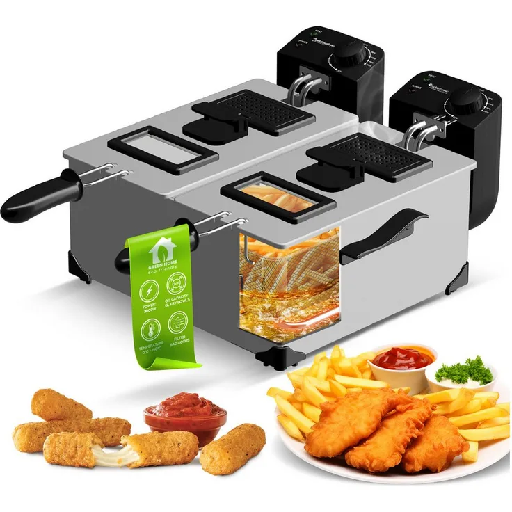 TurboTronic by Z-Line Kaltzonenfritteuse TT-DF2, 3600 W, Pommes & Snacks Friteuse/Fritöse Edelstahl DualZone, 220-240V Steckdosenbetrieb