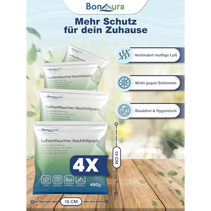 BonAura Luftentfeuchter-Nachfüllpack, Granulat im Vliesbeutel, 450g pro Stück, geruchsneutral, 2er-, 4er- oder 6er Set – Bild 2