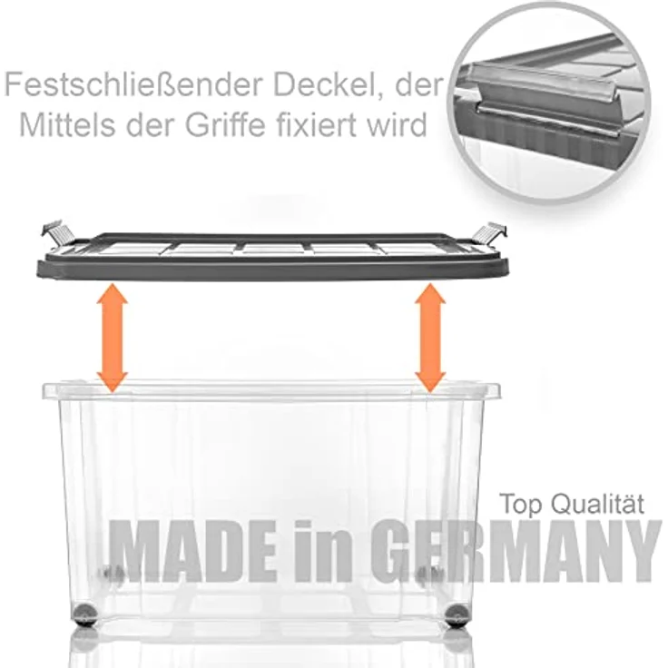 BigDean 4 Stück 60 L Aufbewahrungsbox mit Deckel stahlgrau - stapelbare robuste Box BPA-frei - rollbare Stapelbox mit festen Klickverschlüssen - Made in Germany – Bild 5