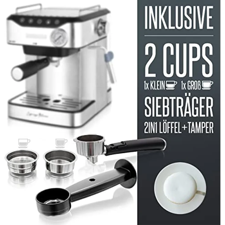 Heinrich´s Espressomaschine mit LED-Touchscreen, Siebträgermaschine, Silber – Bild 4