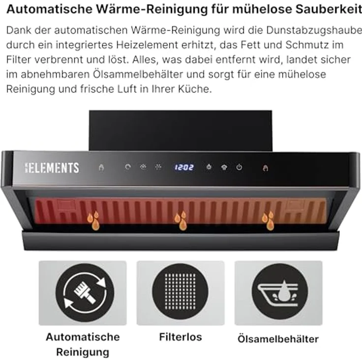 KB ELEMENTS Dunstabzugshaube 60cm, Umluft/Abluft Dunstabzugshaube in Schwarz mit 1350m³/h starker Saugleistung, 8 Einstellstufen, Aktivkohlefilter, Effizienz A+, ELK150H60 – Bild 3