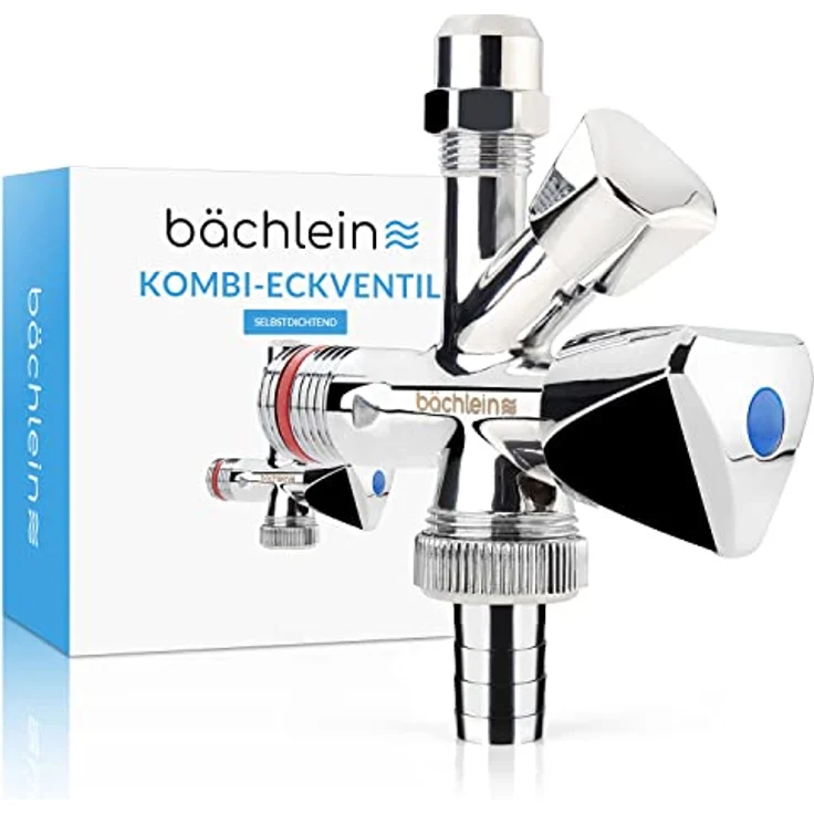 Bächlein Universal Messing, Kombi-Eckventil selbstdichtend, Kombinations-Eckventil für Kalt- und Warmwasserleitungen mit vielfältigen Anschlussmöglichkeiten, Eckventil – Bild 1