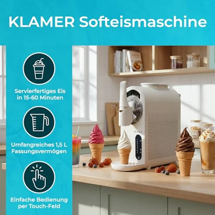 KLAMER Softeismaschine mit Kompressor, 7 Programme für Softeis, Slushie, Frappé, 1,5L Fassungsvolumen, automatische Reinigung, inkl. digitalem Rezeptbuch – Bild 2