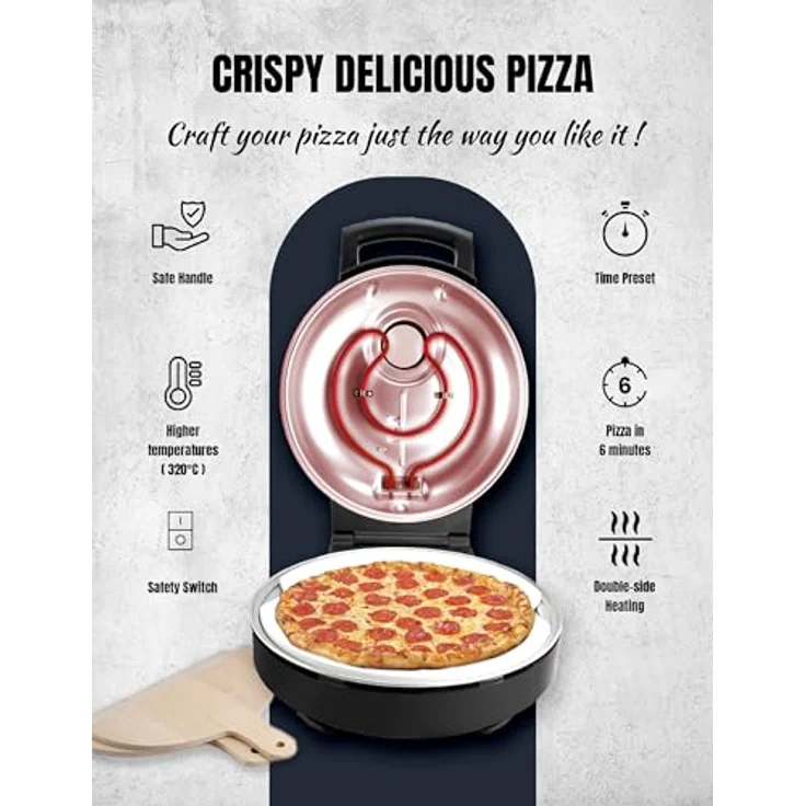 Bestron Pizzaofen, 320°C Höchsttemperatur, Schamottstein & 2 Holzspatel, Mattschwarz – Bild 5