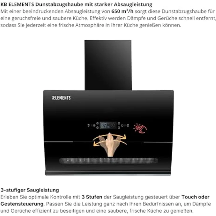 KB ELEMENTS Dunstabzugshaube 60cm, Umluft/Abluft mit 650m³/h Saugleistung, Touch-Gestensteuerung, Selbstreinigungsfunktion und großem Multifunktionsdisplay – Bild 2