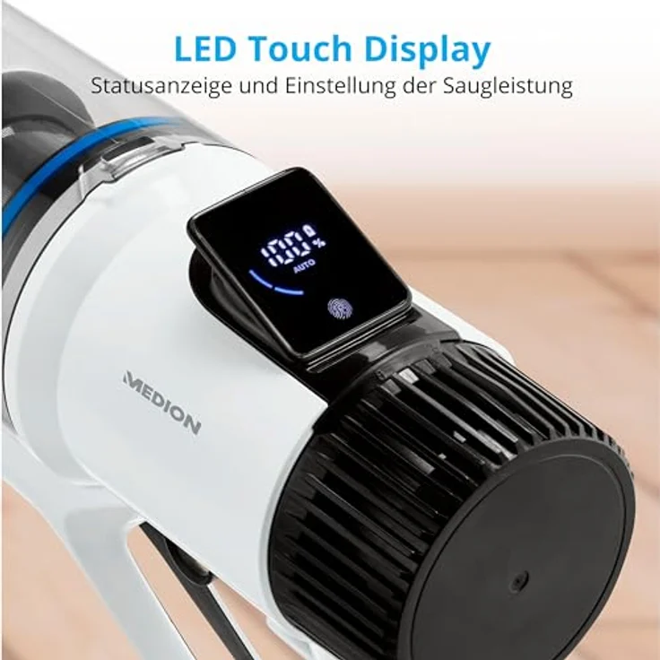 MEDION P350 W Stabstaubsauger mit Wischfunktion (kabellos, beutellos, Zyklon-Technologie, 350 Watt, 2in1 Stielstaubsauger Handstaubsauger, Akku, Staubsensor, HEPA H13, LED Touch Display, Bürstenrolle) – Bild 5