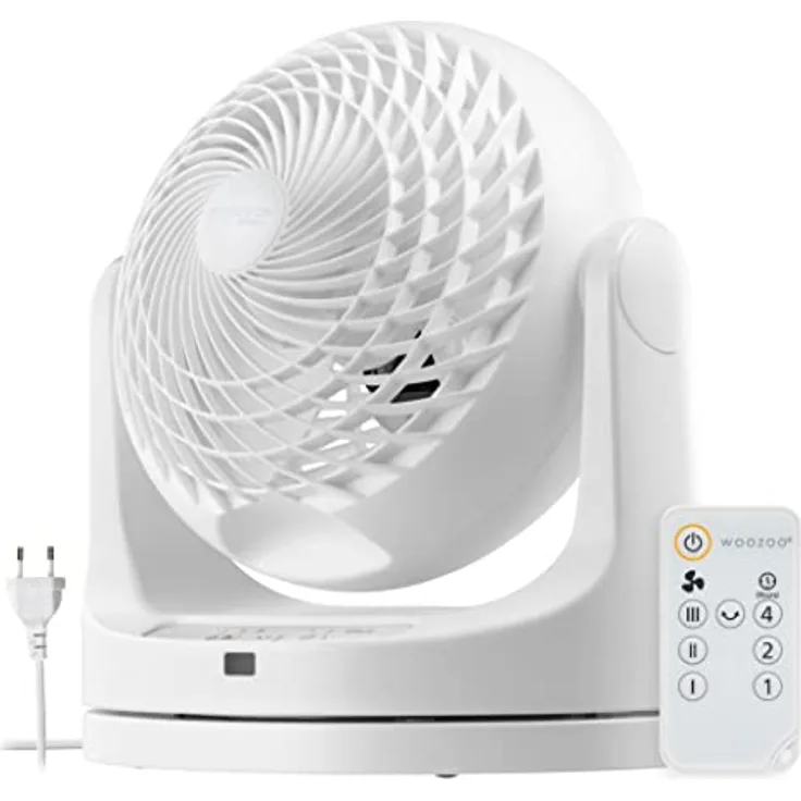 Woozoo, Leiser, leistungsstarker & tragbarer Tischventilator, 23m², Reichweite 15m, Oszillation, Vertikale Neigung, Fernbedienung, Timer, Zimmer - Woozoo PCF-MKC18 - Weiß