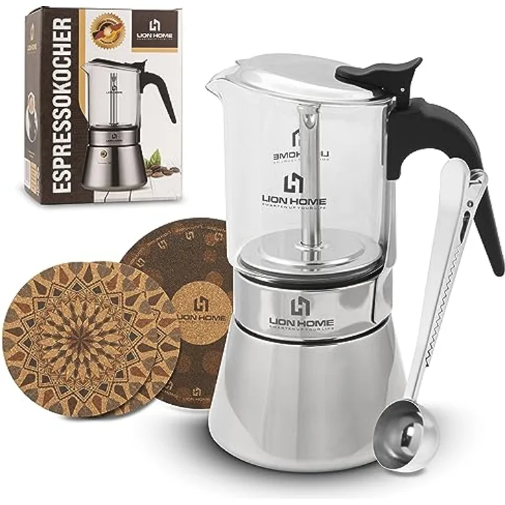 Lion Home Espressokocher, Edelstahl-Glas Design mit Kork-Untersetzern, für 6 Tassen, leicht zu reinigen
