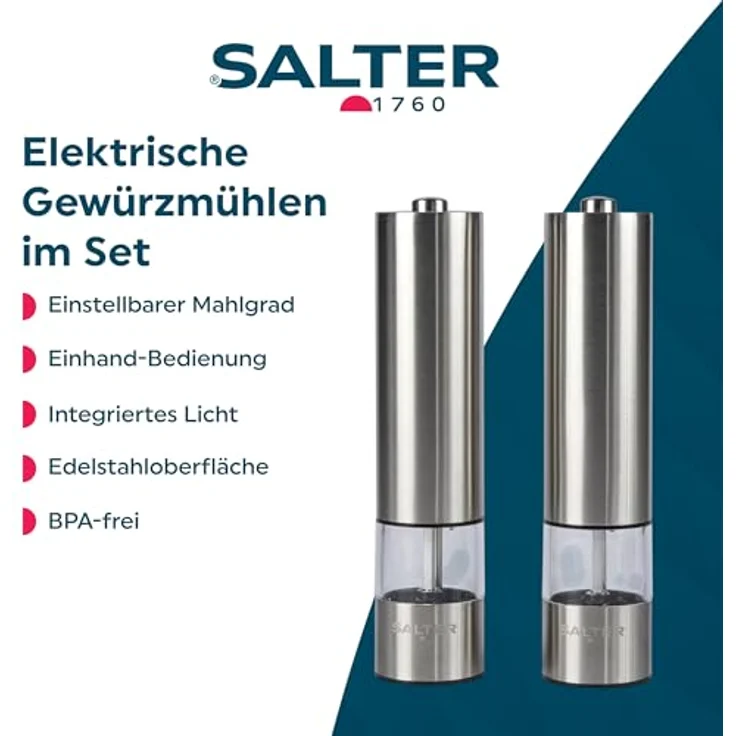 SALTER elektrische Salz- und Pfeffermühle, gebürsteter Edelstahl, Keramik-Mechanismus, ideal für Himalaya--Stein-Salz, Pfeffer, Getrocknete Kräuter oder Gewürze, kein Auslaufen – Bild 3