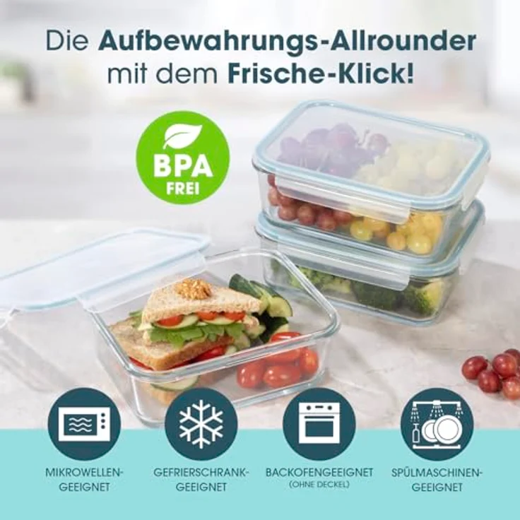GOURMETmaxx Glas-Frischhaltedosen Klick-it, 1600 ml, luft- und wasserdicht, backofen- und mikrowellenfest, spülmaschinengeeignet – Bild 3