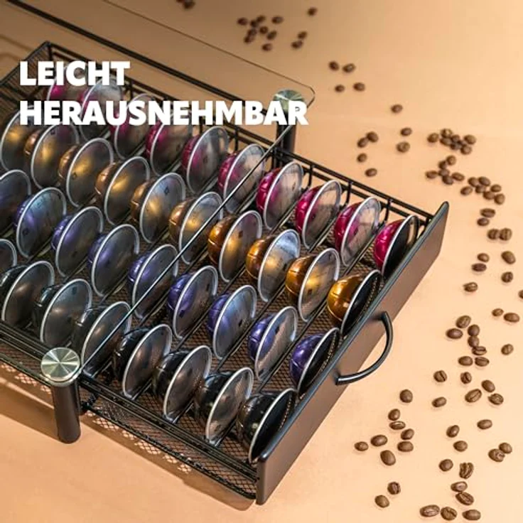 eluno Kapselhalter für 40x Nespresso Vertuo, Schubladenbox mit Glas-Maschinenständer aus Metall und Glasplatte, transparent, ca. 33,5 x 9 x 41 cm (B/H/T) – Bild 4