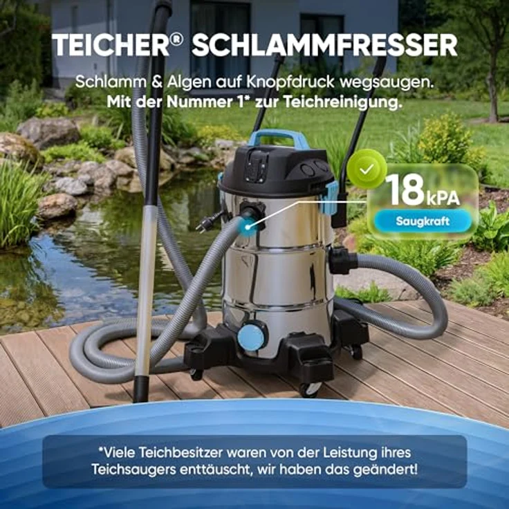 Teicher Teichsauger 1200W, Schlammsauger und Nasssauger mit 35L Behälter, Edelstahl und Kunststoff, IPX4 Schutzart – Bild 2
