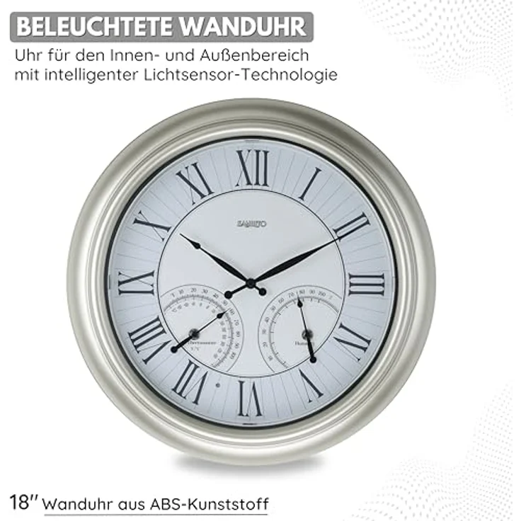Samilito Beleuchtete Gartenuhr, 45,7 cm, wasserdicht, mit intelligentem Sensor, Thermometer und Hygrometer, für Garten, Terrasse, Pool, in schwarz – Bild 2