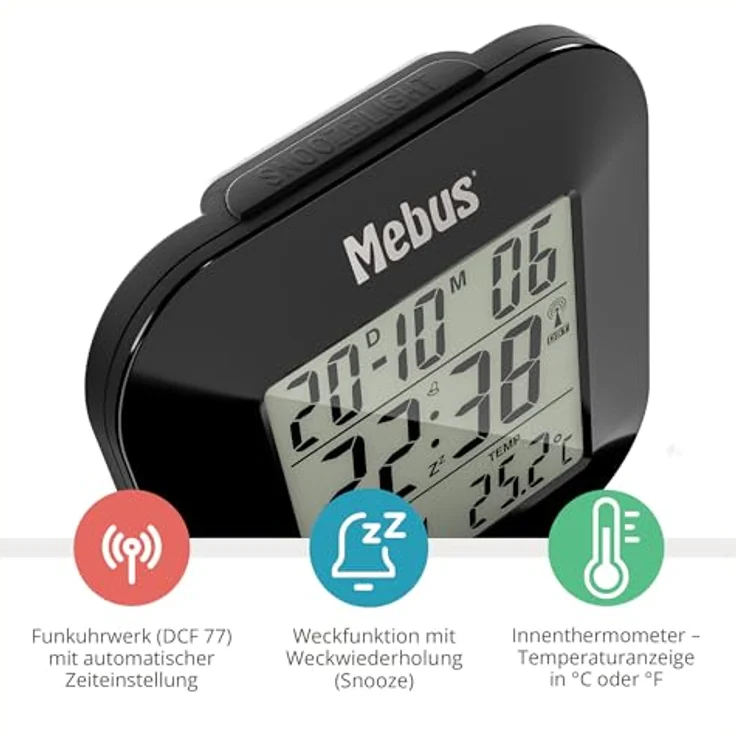 Mebus digitaler Funkwecker Modell 51510, mit Thermometer, Datumsanzeige und Snooze-Funktion, Schwarz, 8 x 8,5 x 1,8 cm – Bild 2