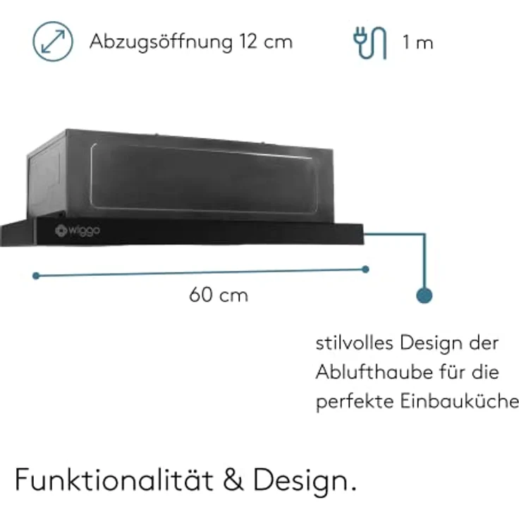 Wiggo Dunstabzugshaube 60cm WE-632R schwarz I Flachschirmhaube für Abluft oder Umluft Dunstabzug 300m³/h mit LED-Beleuchtung I Einbau-Dunstabzugshaube inkl. Fettfilter & 2× Kohlefilter – Bild 5
