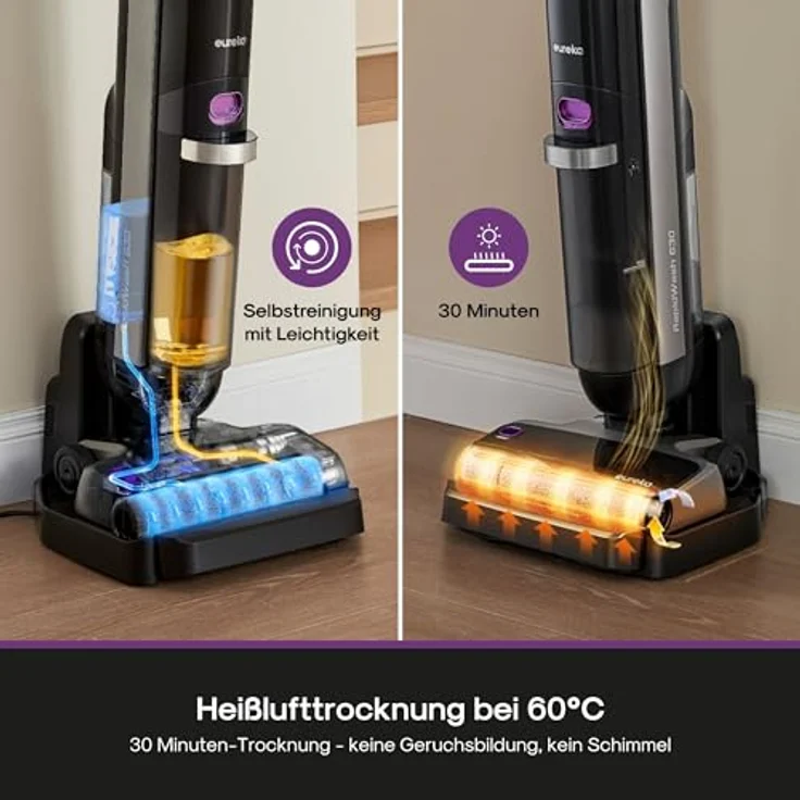 Eureka RapidWash NEW630, Kabelloser Nass Trockensauger mit 21600 Pa Saugkraft, 170° Neigung, 60°C Heißlufttrocknung, 38 Min. Akkulaufzeit, Selbstreinigung und Anti-Tangle für Hartböden, LED-Anzeige – Bild 5