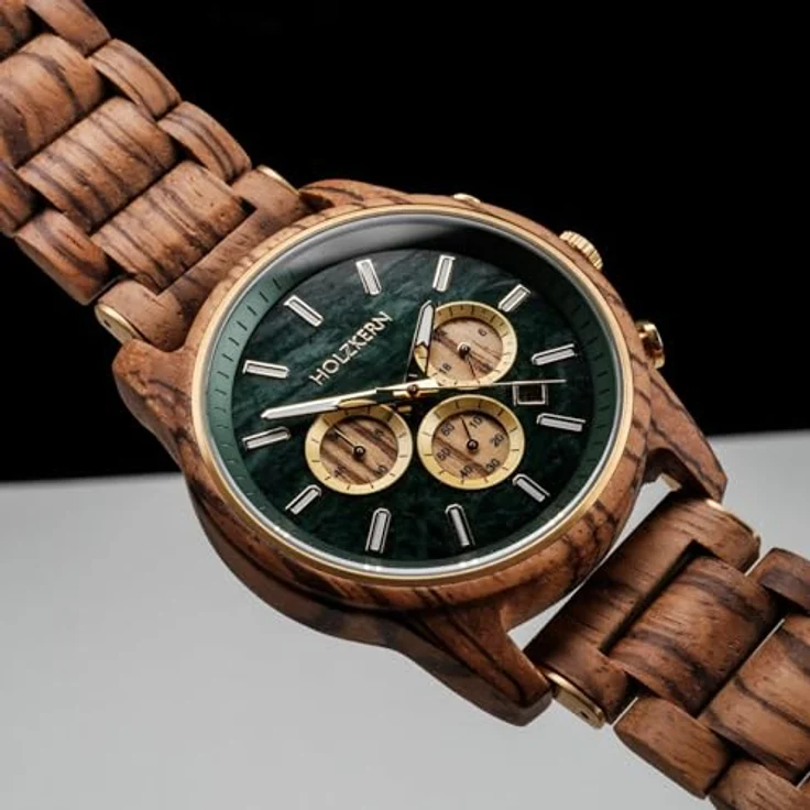 HOLZKERN Chronograph Herrenuhr Blätterdach Zebrano/Marmor, grünes Zifferblatt, 60 Minuten Stoppuhrfunktion, braunes Holzarmband – Bild 3
