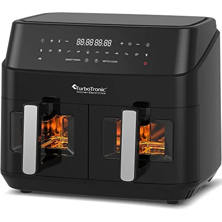 TurboTronic Heißluftfritteuse XXL doppel Airfryer 1600W / 9L (2x 4,5L Kammer) 10 Programme digitale Heißluft Fritteuse ohne Fett Öl Dual Luftfritteuse Air Friteuse Power Black