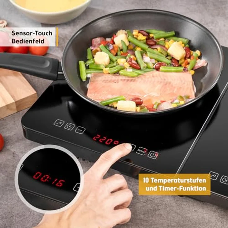 TZS First Austria Induktionskochplatte doppelt, 3500W, 2er Glaskeramik-Herdplatte, 10 Leistungsstufen, Timer, Kindersicherung, LED-Display, Touch-Bedienung, Überhitzungsschutz, schwarz, ideal für Camping und mobile Nutzung – Bild 5