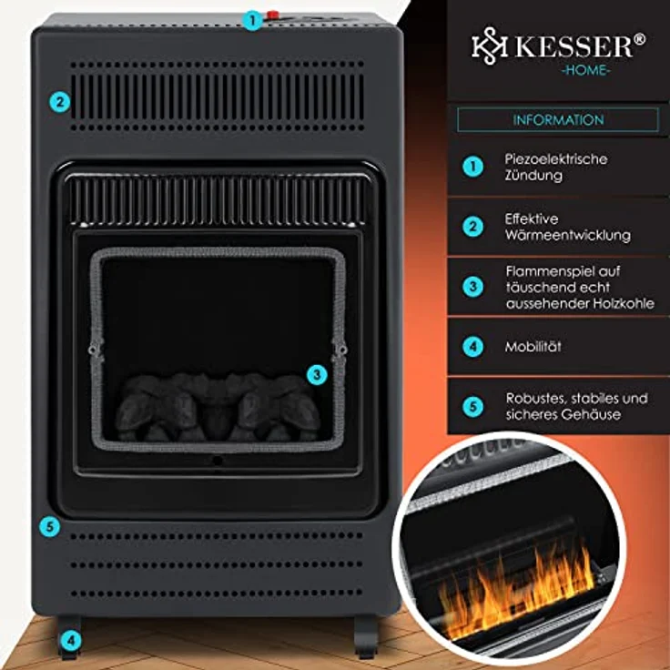KESSER Gasheizer Gasheizofen Heizstrahler 3,4 kW Gas Kamin inkl. Gasdruckregler & Gasschlauch 2 Heizstufen Infrarot 3400W Gasheizstrahler Gasheizung Butan- oder Propangasflaschen bis 11kg Schwarz Schwarz,  – Bild 3