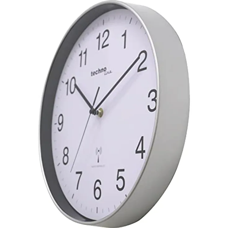 Technoline WT8030 Klassische Funkwanduhr, silberner Rahmen, weißes Ziffernblatt, Schwarze Ziffern, Ø: 30 cm