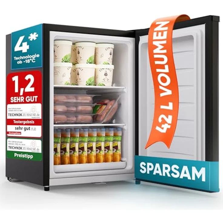 Stillstern Mini Gefrierschrank (42L), 4-Sterne Tiefkühlschrank -18°C mit Schloss, wechselbarem Türanschlag, Eiswürfelschale, Schwarz – Bild 1