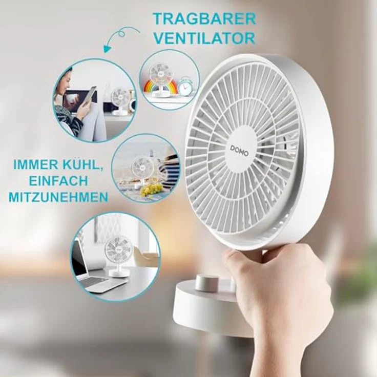 Domo Mini Camping Ventilator, tragbarer Akku-USB Ventilator, leise, oszillierend, 10 Geschwindigkeiten, 8 Stunden Akkulaufzeit, abnehmbares Schutzgitter – Bild 3