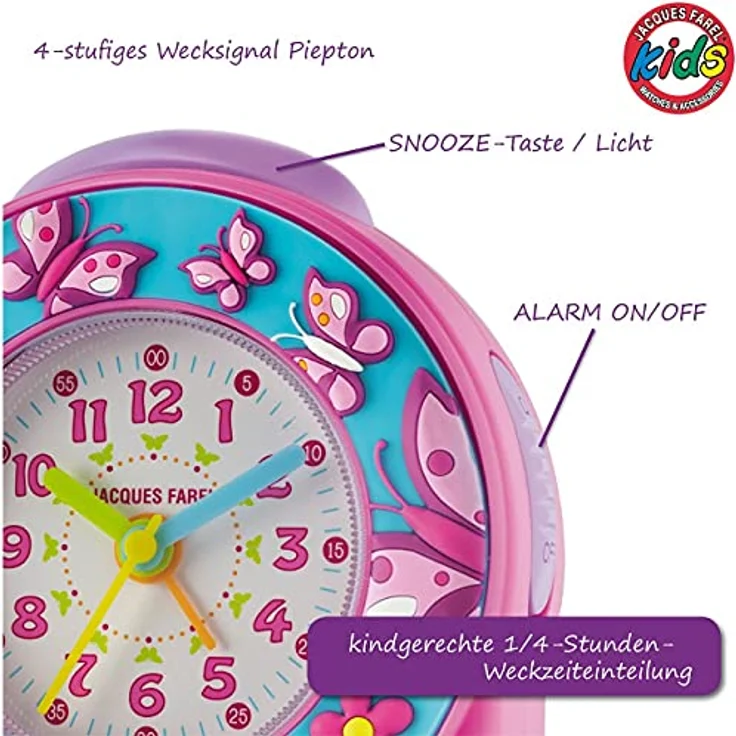 JACQUES FAREL ACW 69, Kinderwecker Lernwecker mit 3D Schmetterlingen und Blumen, Pink-Türkis, lautlos, mit Snooze und Ziffernbeleuchtung, analog Quarz – Bild 2